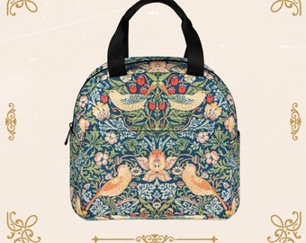 Strawberry Thief Pattern Lunch Bag • Vintage Floral Insulated Lunch Bag • William Morris Zipper Lunch Tote • Waterproof Lunch Box Bag