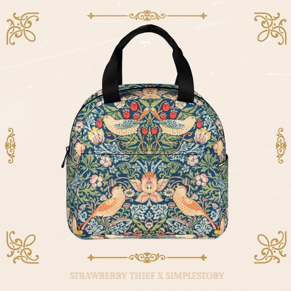 Strawberry Thief Pattern Lunch Bag • Vintage Floral Insulated Lunch Bag • William Morris Zipper Lunch Tote • Waterproof Lunch Box Bag