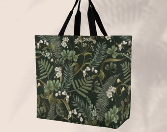 Ferns And White Flowers Tote Bag • Forest Cottagecore Shoulder Shopping Bag • botanical Canvas Bag • Custom Logo Tote Bag • Gift For Her