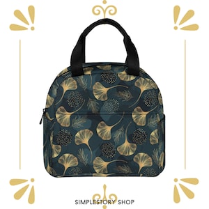 Sac à lunch isolé à motif de feuilles de ginkgo doré • Sac à fermeture éclair personnalisé • Fourre-tout réutilisable Biloba • Sac à lunch pour l'école/le travail/le pique-nique