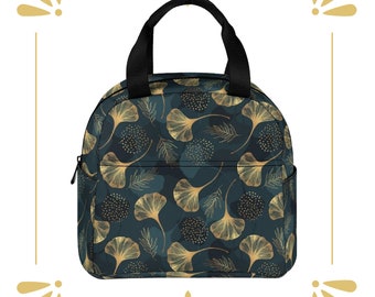Golden Ginkgo Leaf Pattern Insulated Lunch Bag • Custom Zipper Bag • Biloba Reusable Lunch Tote • Lunch Bag for School/Work/Picnic