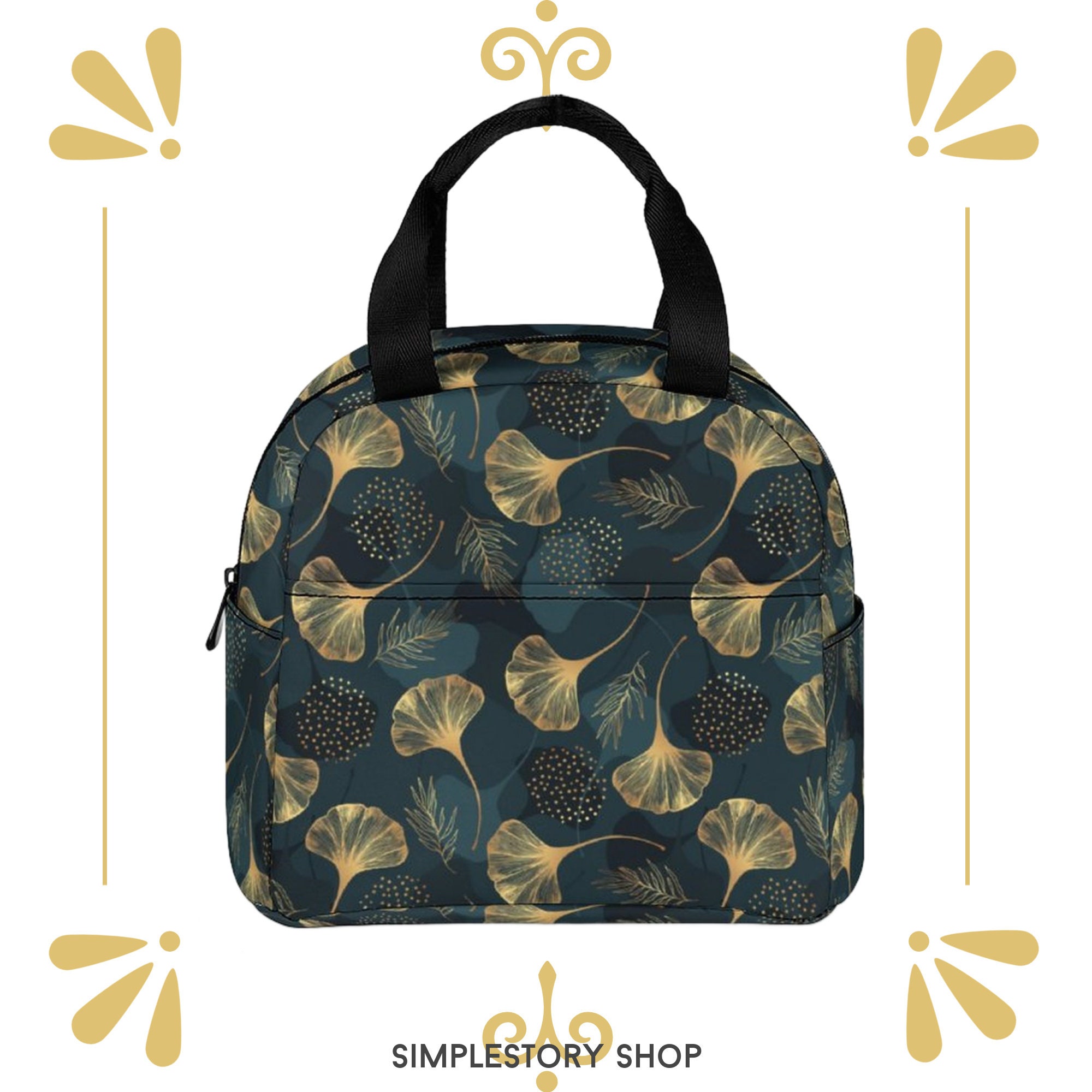 Golden Ginkgo Leaf Pattern Insulated Lunch Bag * Custom Zipper Bag * Biloba Reusable Lunch Tote * Lunch Bag for School/Work/Picnic