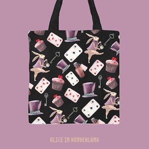 Bolso de mano de Alicia en el País de las Maravillas • Bolso de mano de lona con estampado integral de conejos blancos • Bolso de hombro con cartas de póquer • Bolso de lona reutilizable con cupcakes