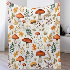 Mushroom Blanket • Autumn Pattern Throw • Pumpkin Fleece Blanket • Trendy Dorm Decor • Lightweight Soft Throw Blanket • Botanical Blanket