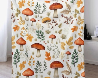 Couverture champignon • Jeté à motif d'automne • Couverture polaire citrouille • Décoration de dortoir tendance • Couverture légère et douce • Couverture botanique