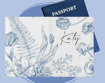 Personalized Vintage Floral Leather Passport Cover • Custom Name Passport Holder • Monochrome Flowers Passport Wallet • Gift For Traveler