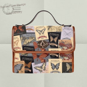 Mensajero de sellos postales antiguos con mariposas • Bolso satchel de lona estilo retro con mariposas • Bolso cruzado con correa vegana para mujer Cottagecore personalizado