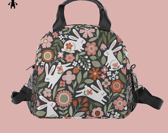 White Hares Floral Pattern Strap Lunch Bag • Rabbit Wild Flowers Insulated Satchel Bag • Cute Print Zipper Waterproof Tote With Mesh Pockets