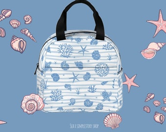 Ocean Themed Insulated Lunch Bag • Custom Zipper Bag • Seaside Striped Reusable Lunch Tote • Marine Life Lunch Bag for School/Work/Picnic