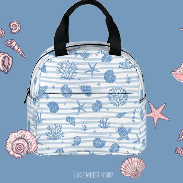 Ocean Themed Insulated Lunch Bag • Custom Zipper Bag • Seaside Striped Reusable Lunch Tote • Marine Life Lunch Bag for School/Work/Picnic