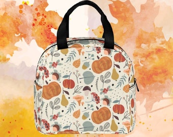 Fall Pattern Lunch Bag • Custom Zipper Lunch Bag • Pumpkin Reusable Lunch Tote • Waterproof Lunch Bag for School/Work/Picnic