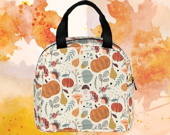 Fall Pattern Lunch Bag • Custom Zipper Lunch Bag • Pumpkin Reusable Lunch Tote • Waterproof Lunch Bag for School/Work/Picnic