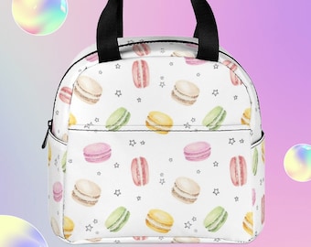 Colorful Macarons Insulated Lunch Bag • Sweet Desserts Pattern Reusable Lunch Tote • Custom Zipper Bag • Lunch Bag for School/Work/Picnic