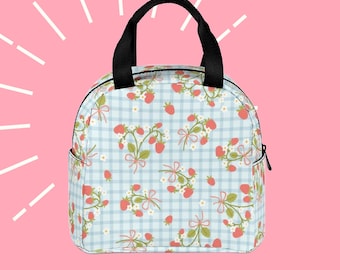 Preppy Strawberry Flowers Insulated Lunch Bag • Custom Zipper Bag • Botanical Reusable Lunch Tote • Floral Lunch Bag for School/Work/Picnic