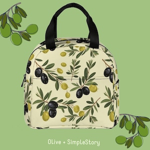 Sac à lunch à motif d'oliviers et de branches • Sac à lunch zippé personnalisé • Cabas à lunch botanique réutilisable • Sac à lunch étanche pour l'école/le travail/le pique-nique