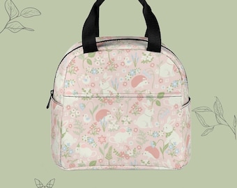 Woodland Animal Floral Lunch Bag • Hedgehog Rabbit Mouse Insulated Lunch Bag • Pastel Cottagecore Zipper Waterproof Lunch Tote