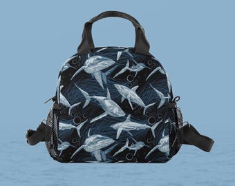 Sac à lunch contemporain à motif requins avec bandoulière • Sac cartable isotherme poisson de mer sous-marin dessiné à la main