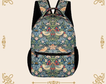Strawberry Thief Pattern Backpack • Vintage Print Bookbag • Cottagecore Laptop Bag • William Morris School Daily Bag • Everything Bag