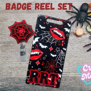 Spider Web Badge Reel with Matching Vampire Badge Buddy - Halloween gift for nurse, CNA, medical assistant, or other healthcare  workers
