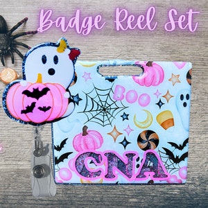 Ghost Pumpkin Badge Reel & Badge Buddy Set - Pink Halloween gift for nurse, CNA, and other healthcare workers