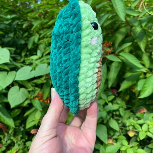 May include: A green and light green crocheted avocado plush toy with a black eye and a pink mouth.