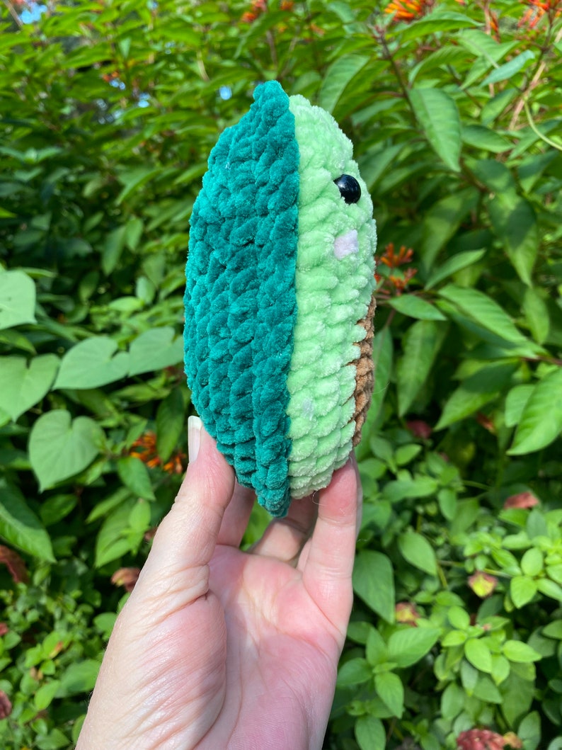 May include: A green and light green crocheted avocado plush toy with a black eye and a pink mouth.