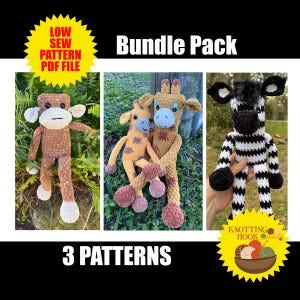 May include: A bundle pack of three crochet animal patterns: a monkey, a giraffe, and a zebra. The patterns are low-sew and come in a PDF file. The text "Bundle Pack" and "3 Patterns" is visible in the image.