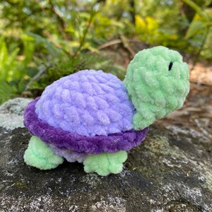 Pode incluir: Uma tartaruga de pel&uacute;cia com uma concha roxa, cabe&ccedil;a e pernas verdes. A concha tem um design texturizado e croch&ecirc;.