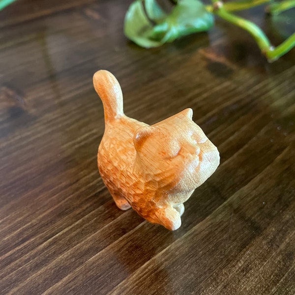 Hand carved small boxwood cat figurine