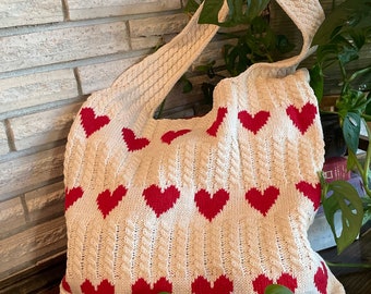 Knitted Handbag Large Tote Red Hearts 13”x14” Handle 9” Large Capacity Bag