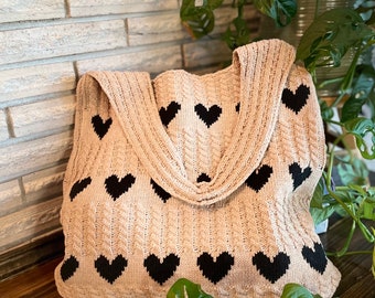 Knitted Handbag Large Tote Black Hearts 13”x14” Handle 9” Large Capacity Bag