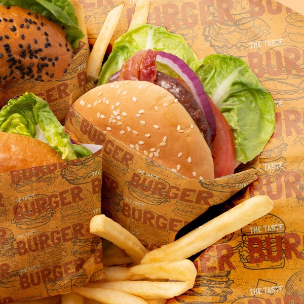 Food Safe Custom Burger Wrapping Paper/Tissue Paper and Paper Place Mats | Yellow Burger Paper, Custom Paper Place Mats for Food Business