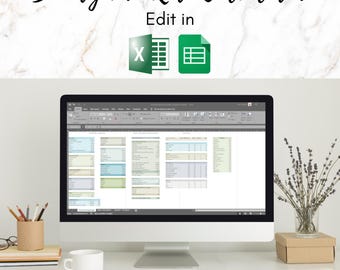 May include: A computer monitor displaying a spreadsheet with the title "Beauty Pro Rate Calculator". The spreadsheet is open in Microsoft Excel and is ready to be edited. The monitor is on a white desk with a keyboard, mouse, and other office supplies.