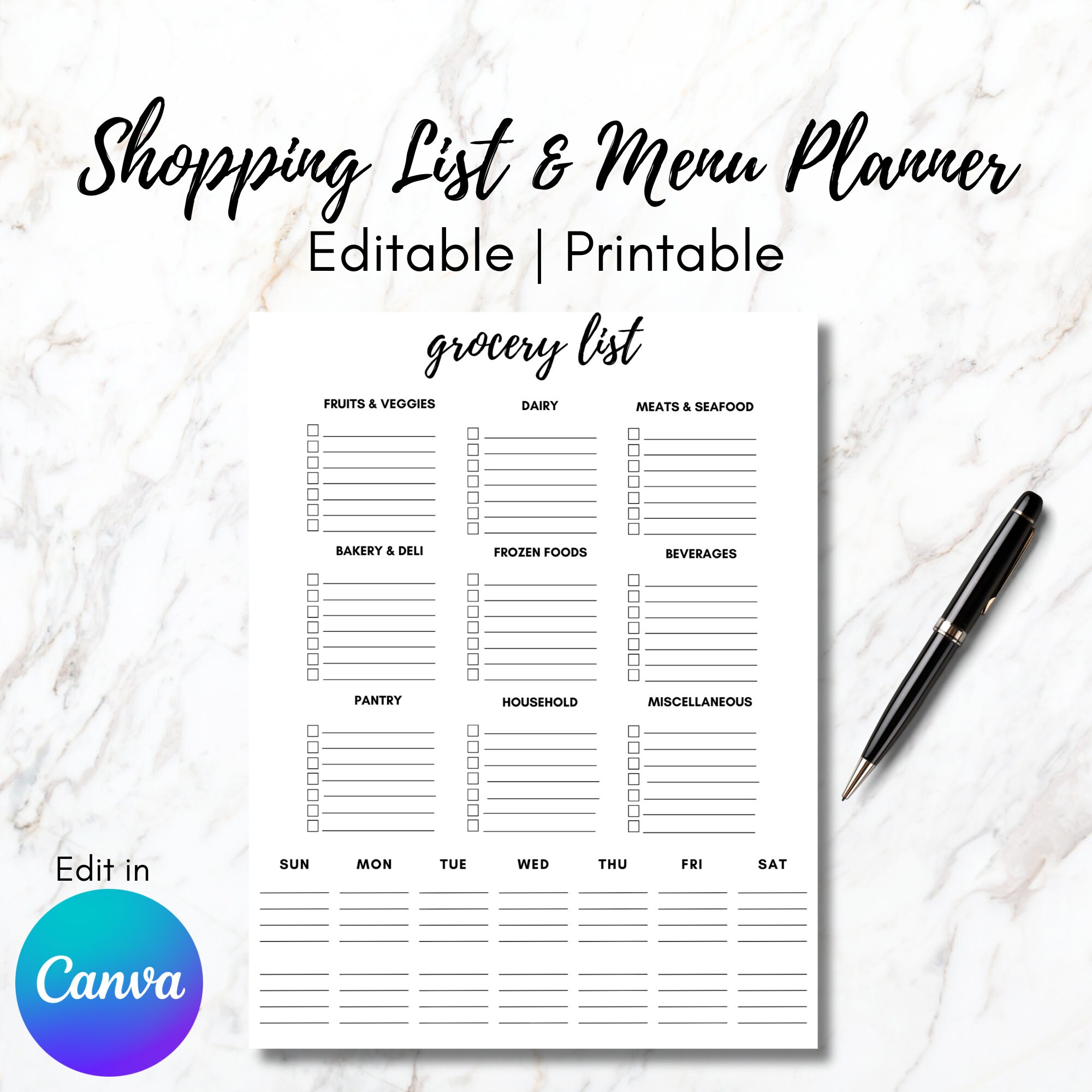 Grocery Shopping List and Menu Planner Canva Template Black and White ...