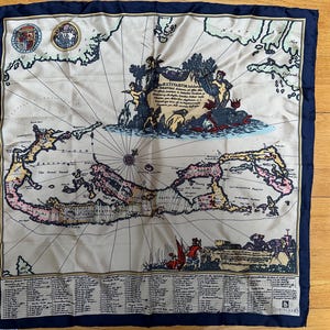 Cachecol de seda vintage dos anos 1960 - Mapa das Bermudas, Trimingham's
