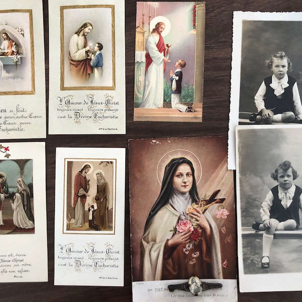 Reliquaires, 1950s: a collection of french religious cards, a postcard with a pin and two photos