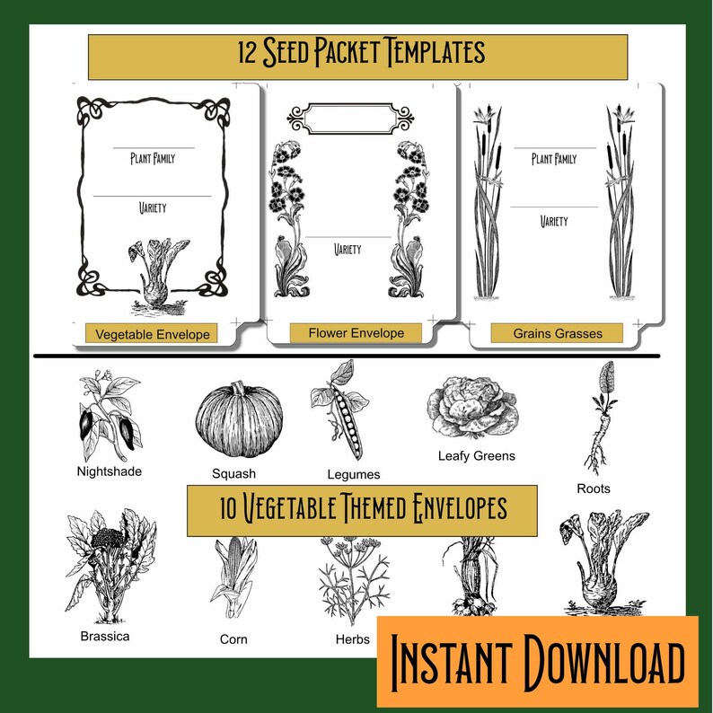 12 Printable Seed Packet Envelope Templates No Leak Design! Pretty Flower Seed Packet Vegetable ...