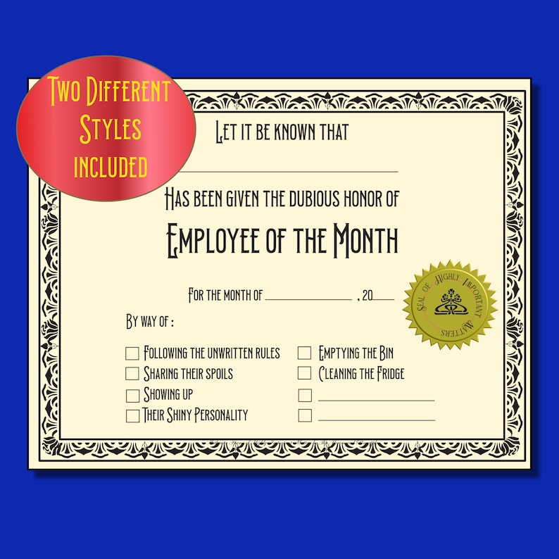 Fun Printable Employee of the Month Certificate Funny Cheeky Employee ...