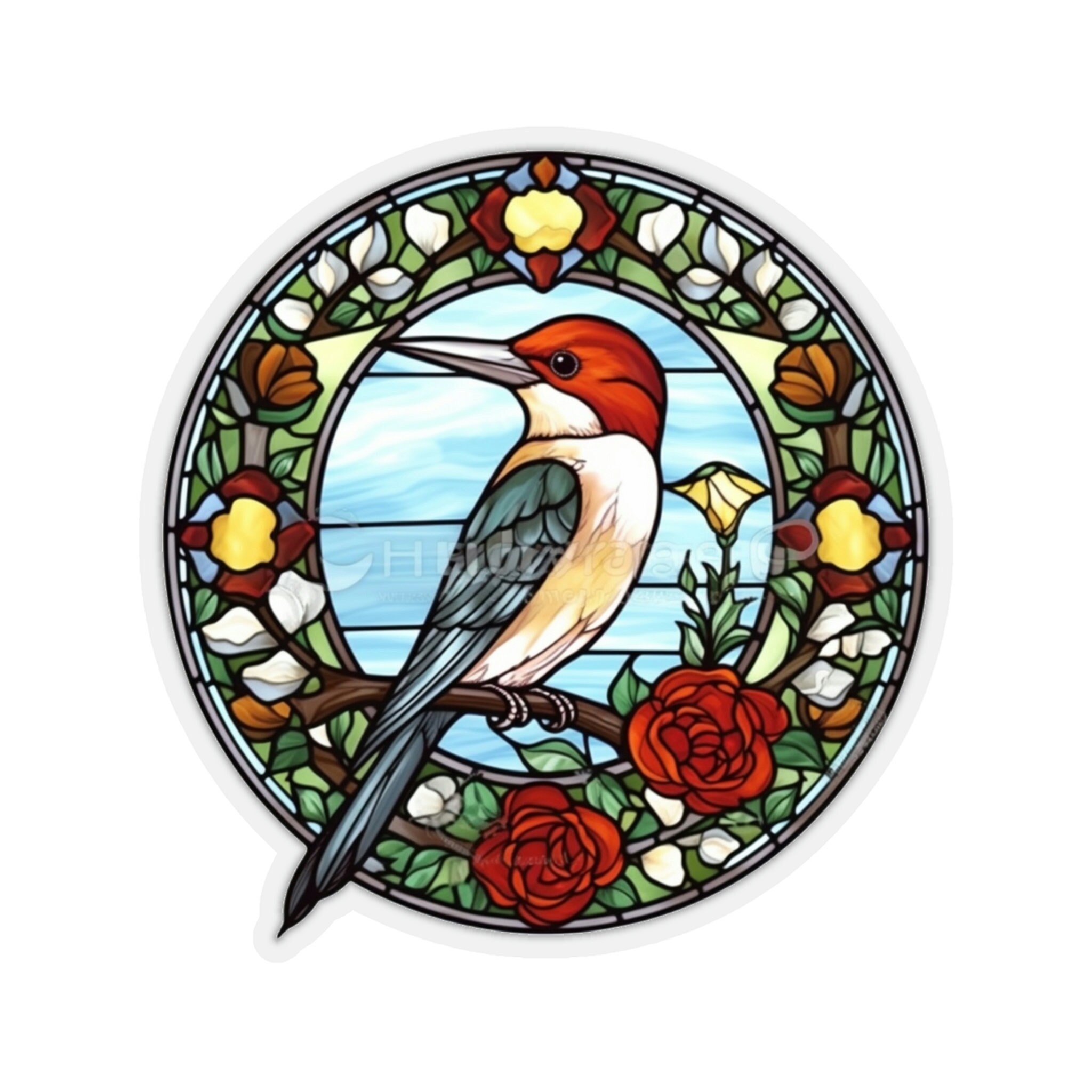 Redheaded Woodpecker Kisscut Sticker Stained Glass Bird Etsy