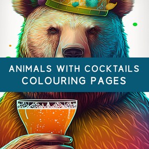 10 pagine da colorare per adulti a tema animali con cocktail - download digitale