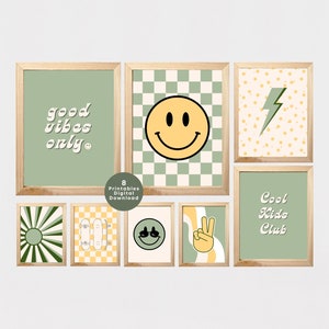 Decoración de la habitación para niños, Solo buenas vibraciones, Cool Kids Club, Guardería verde salvia, Cara sonriente PNG, Impresión de patineta