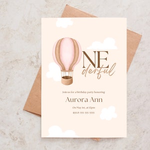 Onederful First Birthday Invitation Onederful Theme Hot Air Balloon First Birthday Invite Beige Dusty Pink Birthday Party