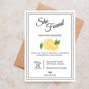 Lemon Bridal Shower Invitation, Lemon theme Bridal Shower Invite Digital Download, She found her main squeeze bridal invitation