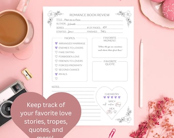 Printable Romance Book Review Bookmark: Reader Gift (PNG & PDF)