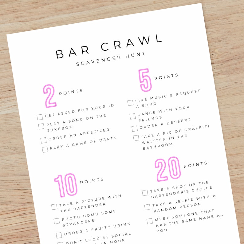 Bar Scavenger Hunt Birthday Bar Crawl Bar Game Group Scavenger Etsy
