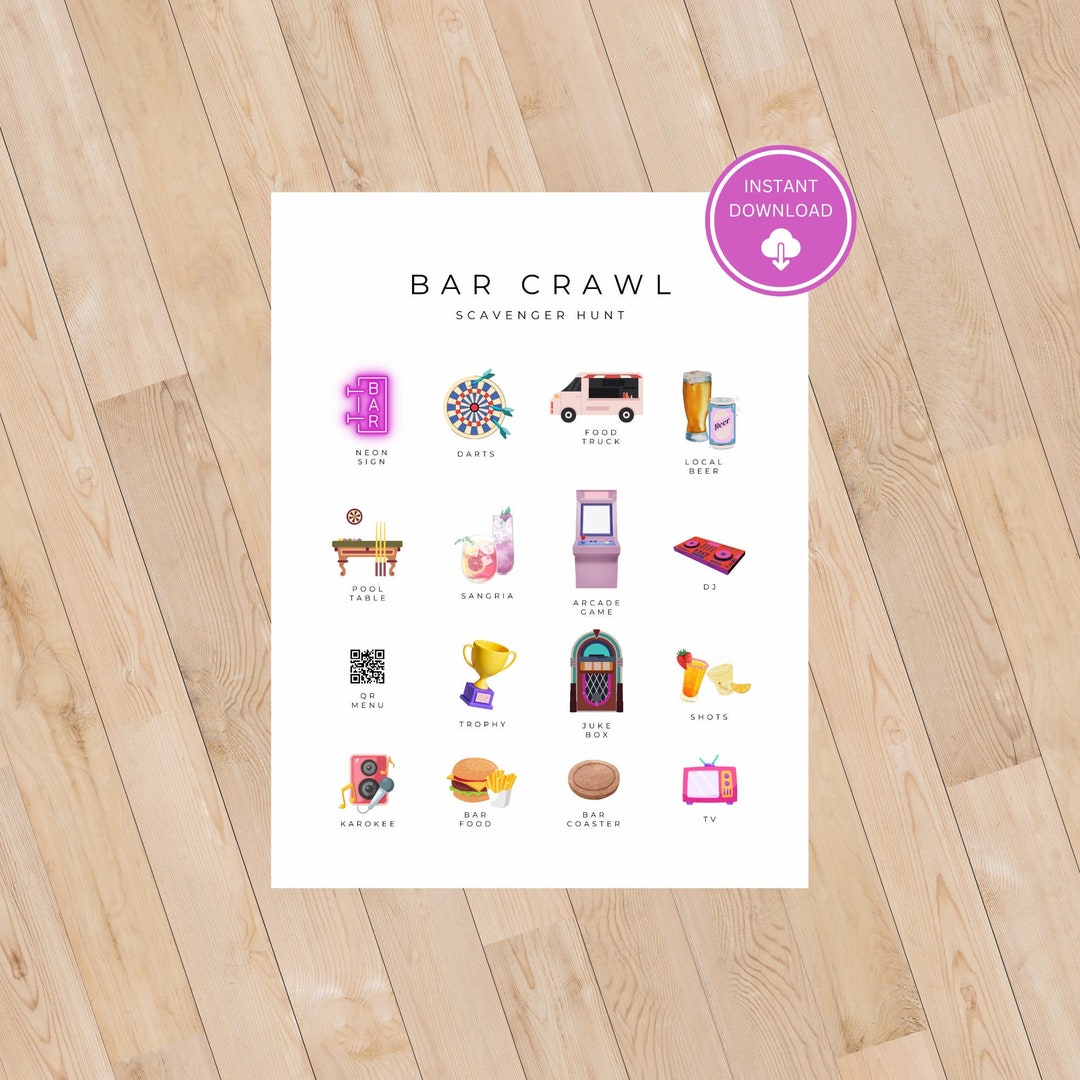 Bar Crawl Scavenger Hunt Bachelorette Scavenger Hunt Drinking Game Social Gathering Activity