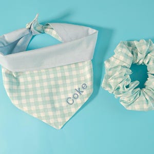 May include: A light blue and white gingham dog bandana and matching scrunchie set. The bandana is personalized with the name "Coke" embroidered in a matching blue thread. The scrunchie is made of the same gingham fabric.