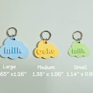 Pu&ograve; includere: Tre portachiavi a forma di nuvola in blu, giallo e verde, ciascuno con un anello d'argento. Il portachiavi blu dice "milk", quello giallo dice "coke" e quello verde dice "milk". Le dimensioni sono 4,19 cm x 3,20 cm, 3,51 cm x 2,69 cm e 2,89 cm x 2,18 cm.