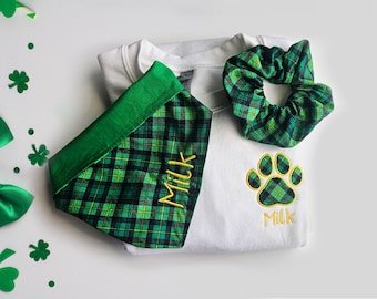 Personalized St. Patrick’s Day Dog and Owner Matching Set Plaid Bandana Embroidered Crewneck Scrunchie Custom Pet Gift Saint Patrick&#39;s Shirt