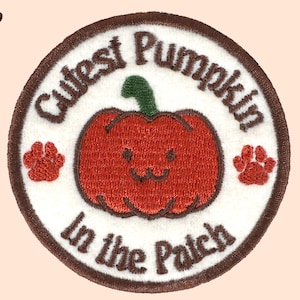 Puede incluir: Un parche redondo de 7,6 cm de diámetro con el texto "Cutest Pumpkin in the Patch". Presenta una calabaza naranja sonriente, un tallo verde, dos huellas de patas y un borde marrón.